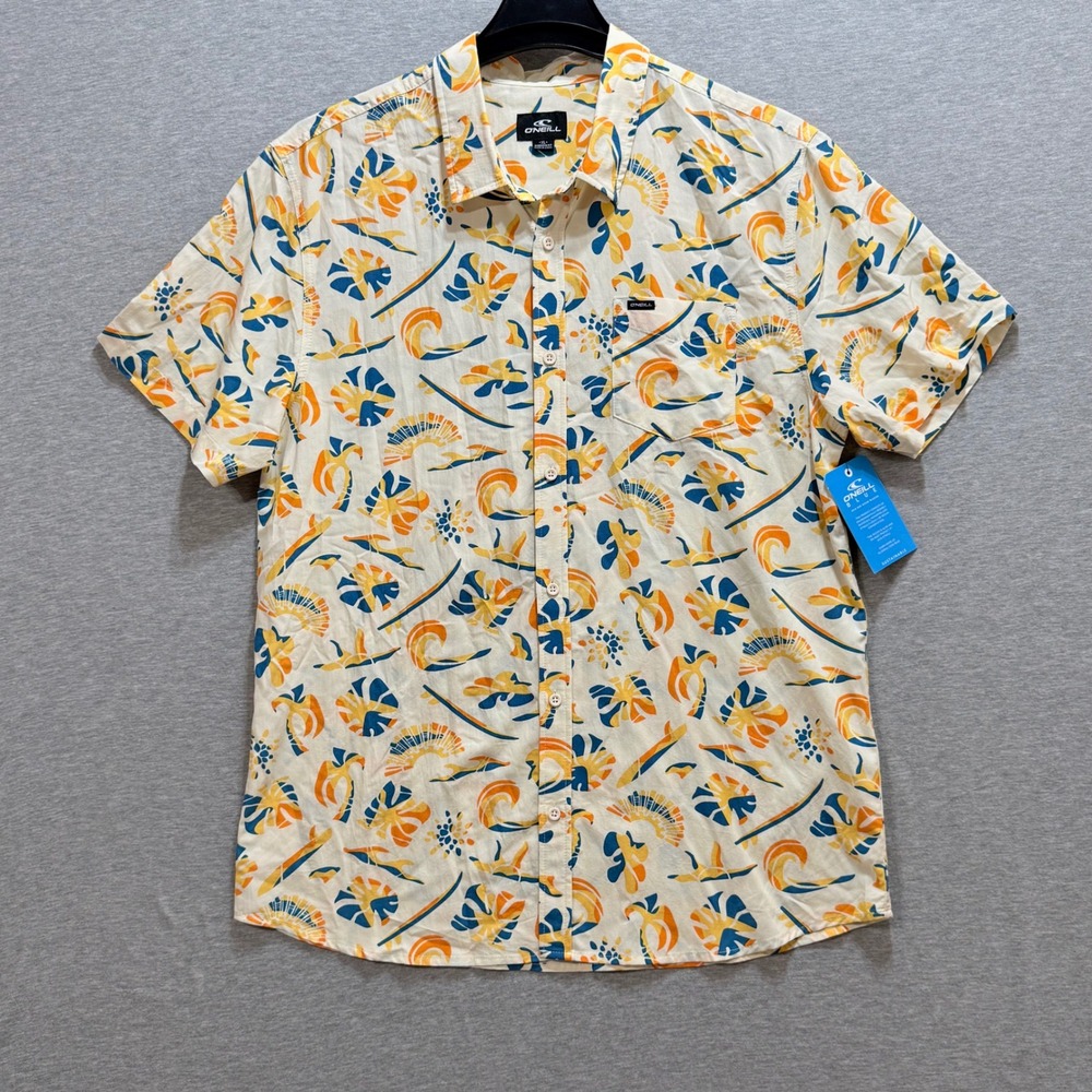 O'Neill Button‎ Down Shirt Mens XL Cream Tropical Abstract Surf Sustainable
